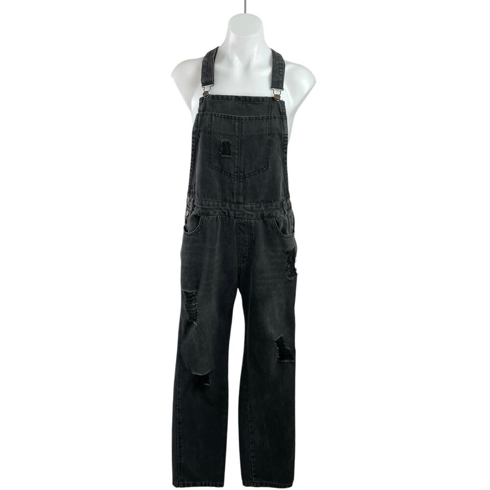 Love Tree Women's Black Washed Distressed Bib Straight Denim Jean Overalls Sz M